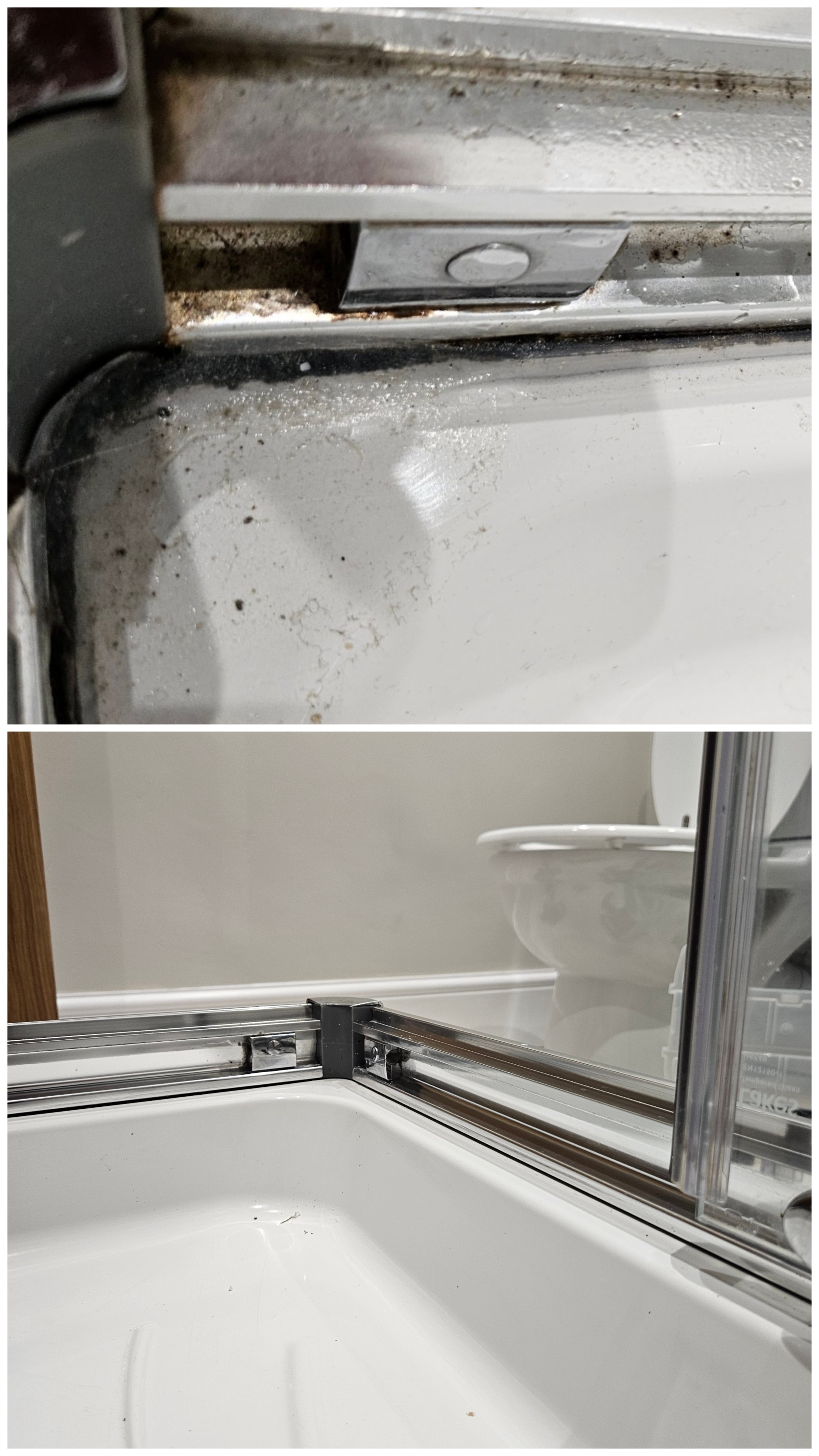 Before-and-after comparison of targeted deep cleaning around a shower-enclosure track in Anglesey